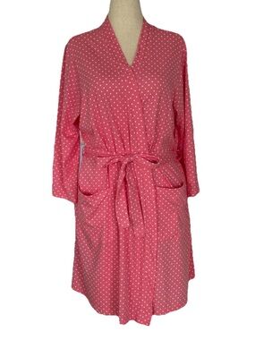 Laura Scott Pink Polka Dot Robe 1X Lightweight Tie Waist Pocket